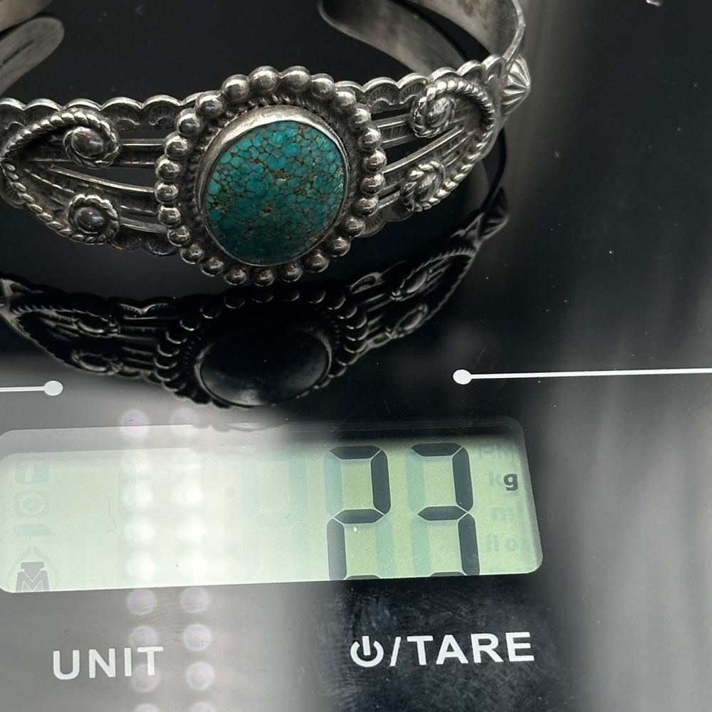 Navajo Sterling Silver Cuff Bracelet  w/Green Turquoise & Beadwork , Signed - Picture 5 of 8
